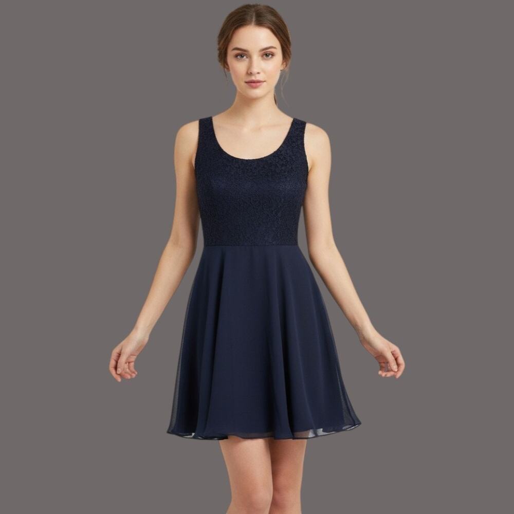 De Laru Navy Blue Lace Top Chiffon Skirt Formal Party Dress Sleeveless Size 7/8